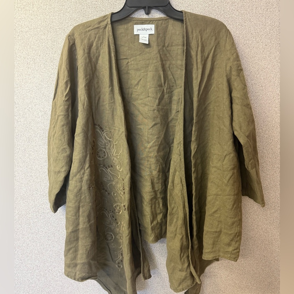 Peck & Peck Cardigan Women XL Embroidered Bohemian Duster 100% Linen Drape Brown
